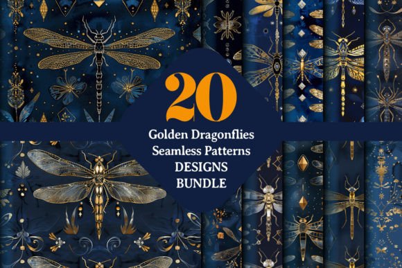 Golden Dragonflies Seamless Patterns: Whimsical Digital Art