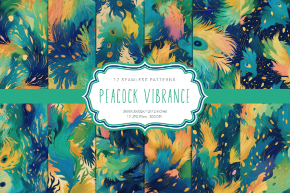 Peacock Vibrance Seamless Patterns: Elevate Your Designs with 12 Stunning HD Images