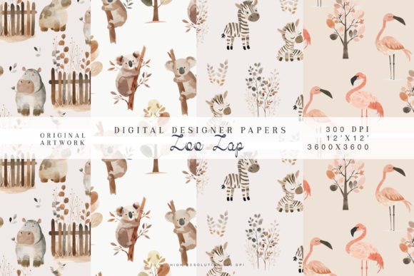 Watercolor Zoo Animals Seamless Patterns